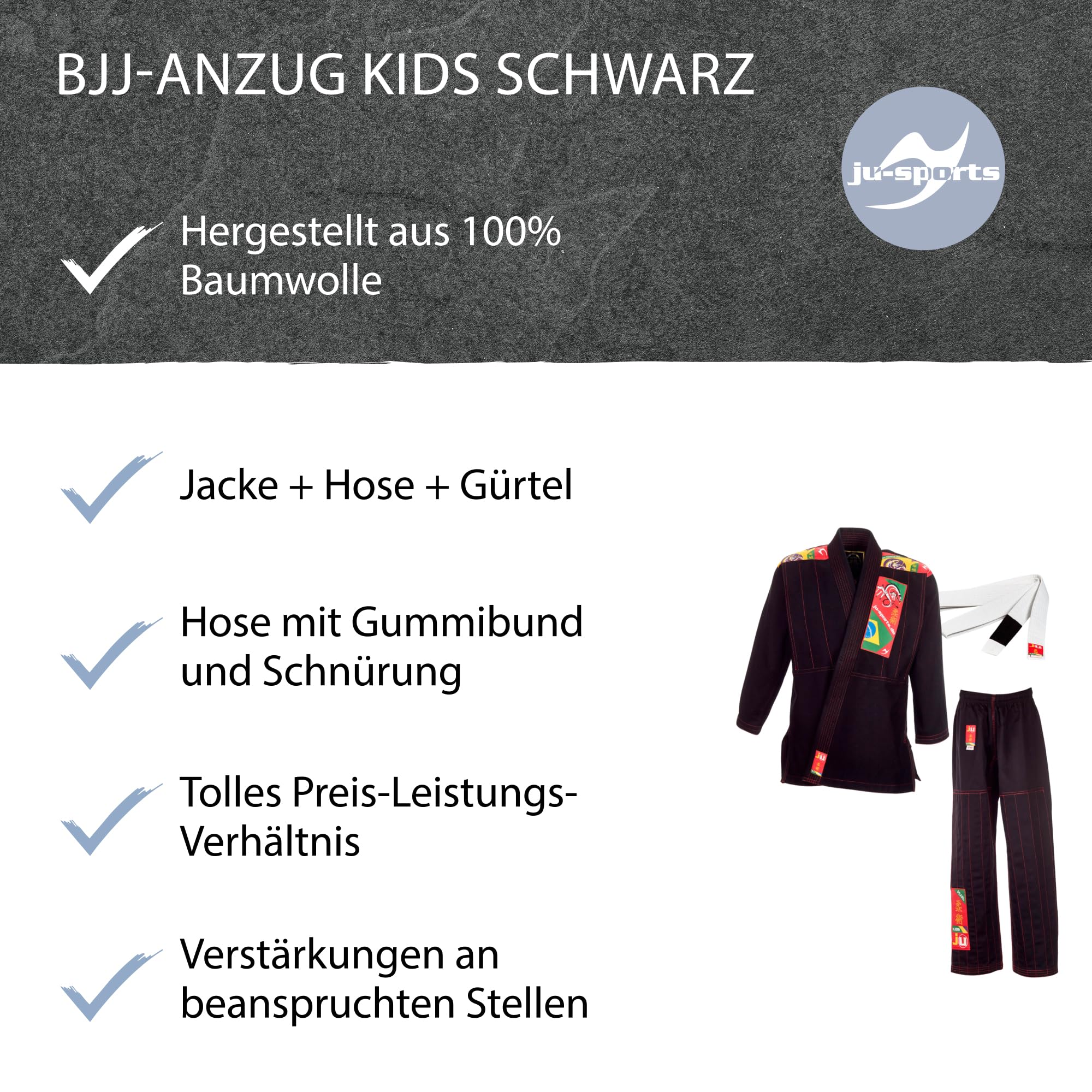 ju-sports-fightwear-bjj-gi-kinder-schwarz-150-baumwolle image 5