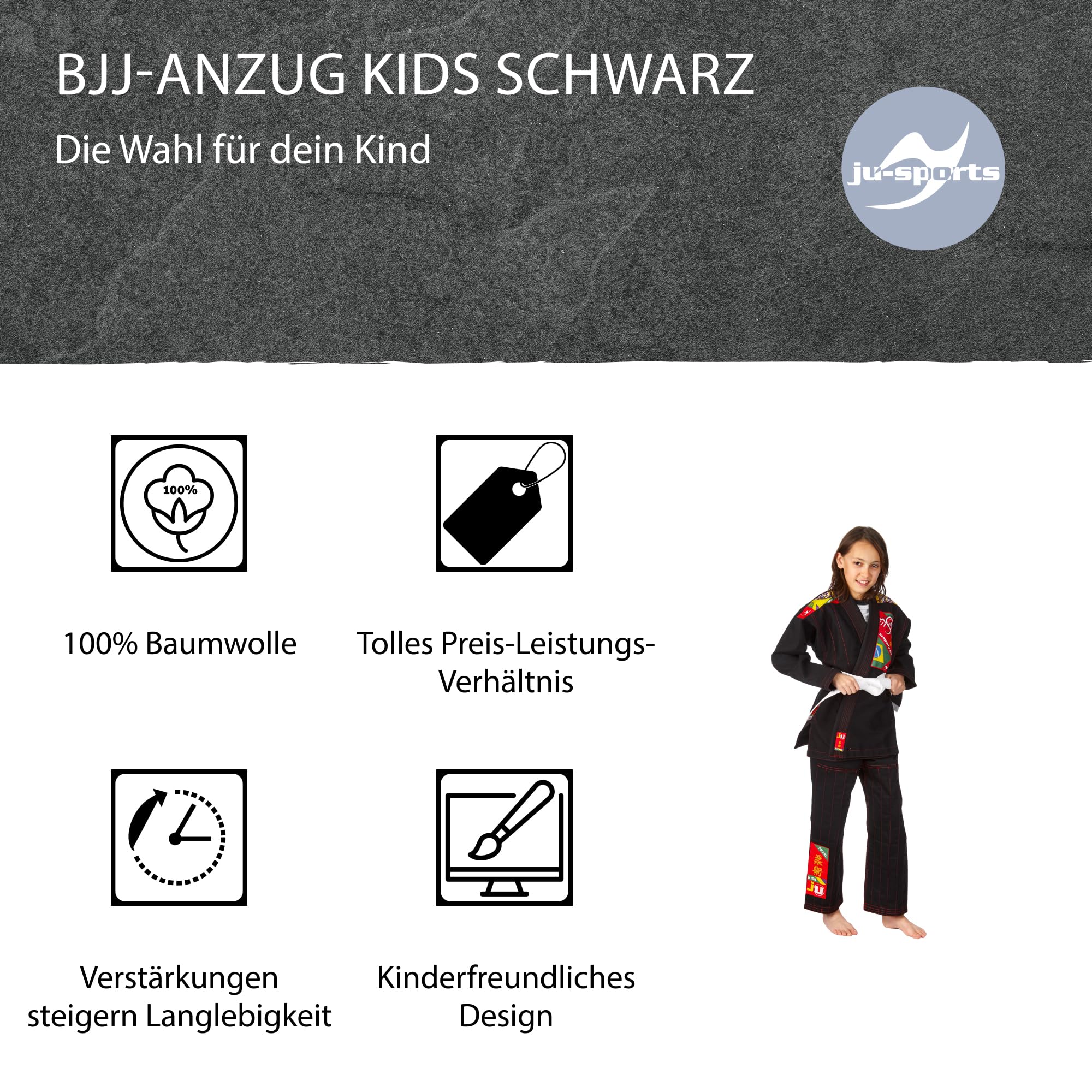 ju-sports-fightwear-bjj-gi-kinder-schwarz-150-baumwolle image 3