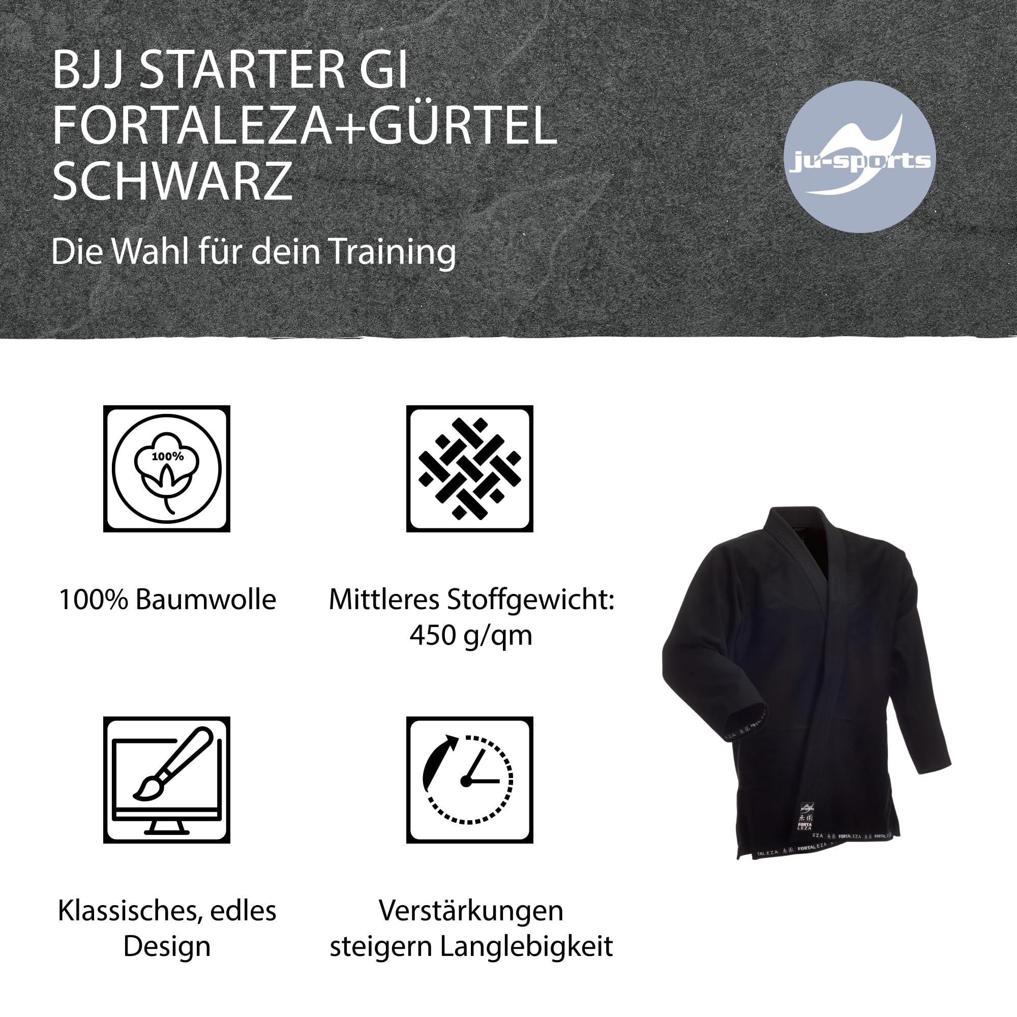 ju-sports-fortaleza-bjj-gi-schwarz-a2-mit-g-rtel-baumwolle image 3
